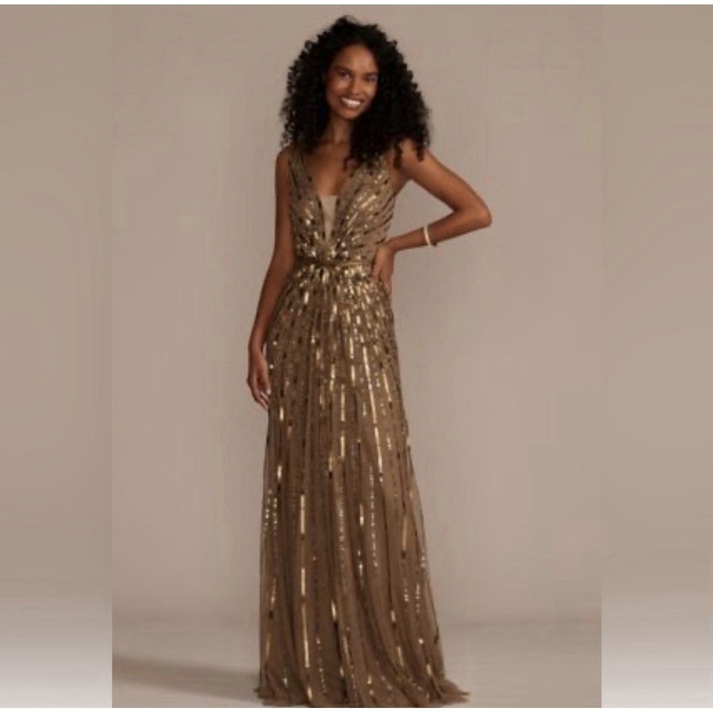 GALINA SIGNATUREPlunging Sequin and Beaded A-Line Gown